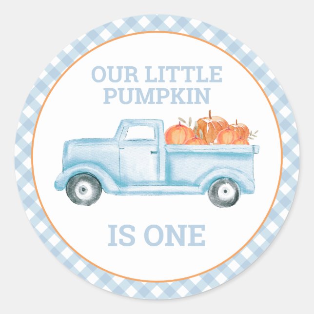 Our Little Pumpkin light blue truck first birthday Classic Round Sticker (Front)
