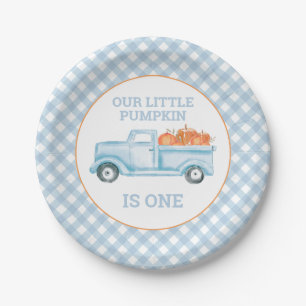 Our Little Pumpkin light blue truck first birthday Paper Plate