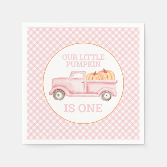 Our Little Pumpkin light pink truck first birthday Napkin (Front)