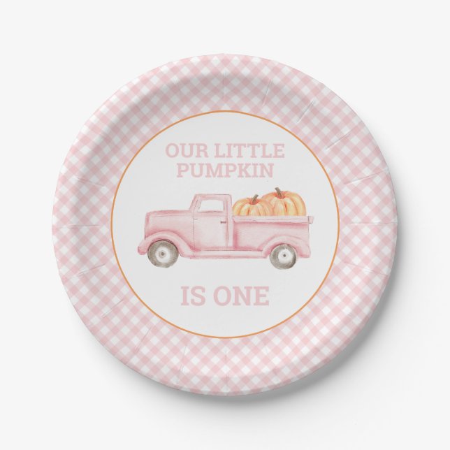 Our Little Pumpkin light pink truck first birthday Paper Plate (Front)
