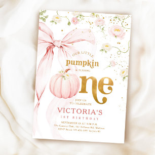 Our Little Pumpkin Pink Bow Girls 1st Birthday Invitation