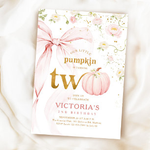 Our Little Pumpkin Pink Bow Girls 2nd Birthday Invitation