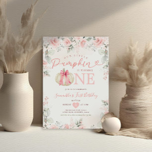 Our Little Pumpkin Pink Floral White 1st Birthday Invitation