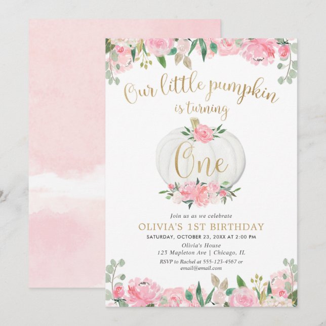 Our little pumpkin pink gold floral 1st birthday invitation (Front/Back)