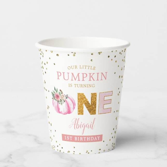 Our Little Pumpkin Pink Gold Floral 1st Birthday Paper Cups (Front)