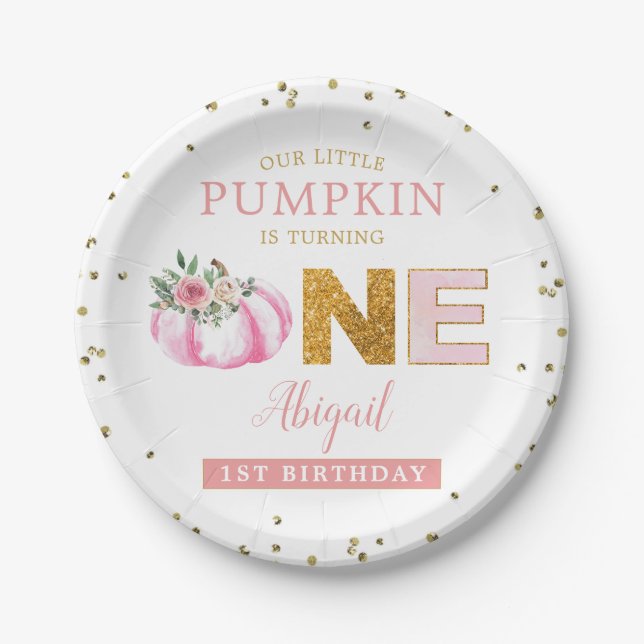Our Little Pumpkin Pink Gold Floral 1st Birthday Paper Plate (Front)