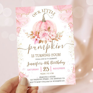 Our Little Pumpkin   Pink Gold Girl 4th Birthday  Invitation