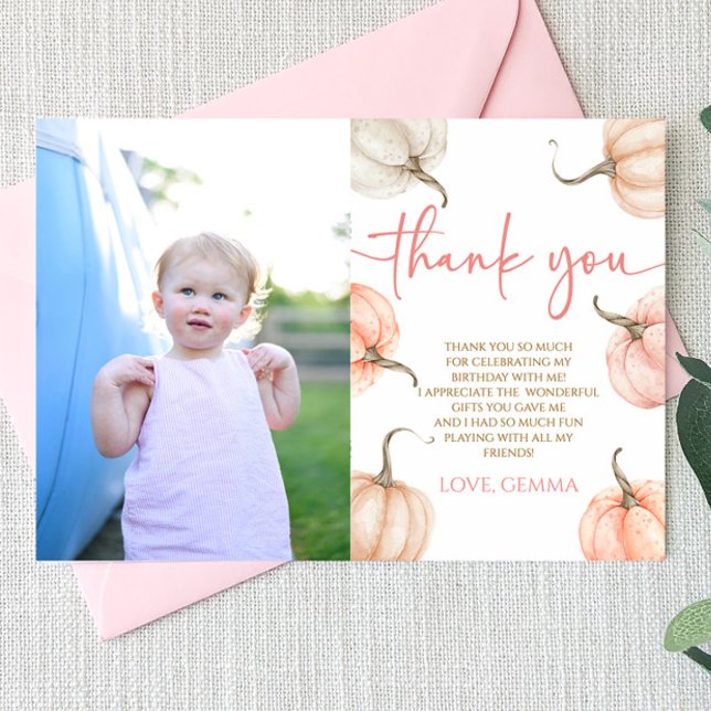 Our Little Pumpkin Pink Photo Birthday Party Thank You Card (Creator Uploaded)