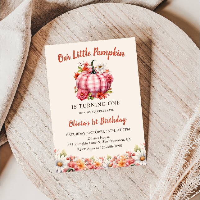 Our Little Pumpkin Pink Plaid Floral Birthday  Invitation (Creator Uploaded)