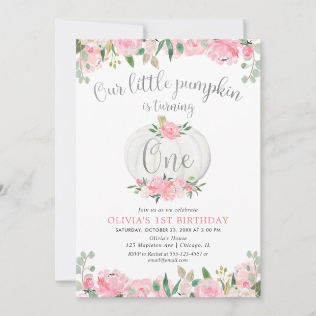 Our little pumpkin pink silver floral 1st birthday invitation (Front)