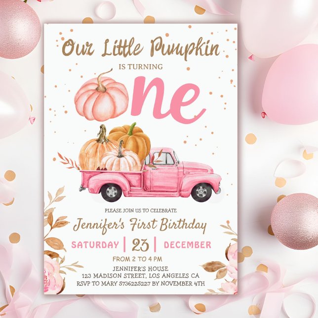 Our Little Pumpkin | Pink Truck Girl 1st Birthday Invitation (Creator Uploaded)