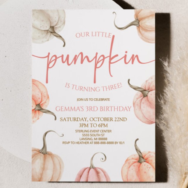 Our Little Pumpkin Pink White Fall Birthday Party Invitation (Creator Uploaded)