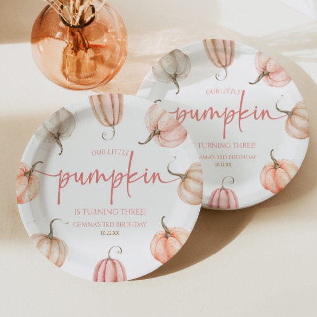 Our Little Pumpkin Pink White Fall Birthday Party Paper Plate (Creator Uploaded)