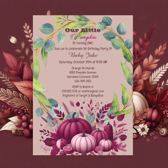 Our Little Pumpkin Purple 1st Birthday Fall Wreath Invitation (Our Little Pumpkin Purple 1st Birthday Fall Wreath Invitation)