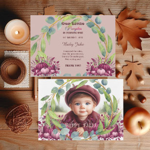 Our Little Pumpkin Purple 1st Birthday Fall Wreath Thank You Card