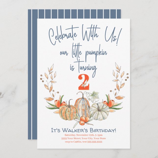 Our Little Pumpkin Second Birthday Blue Invitation (Front/Back)