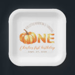 Our Little Pumpkin Watercolor First Birthday Party Paper Plate<br><div class="desc">For an autumn first birthday with pumpkin theme, The word ONE has a watercolor pumpkin instead of O and the other letters are also painted in orange and yellow watercolor, like the pumpkin. Above it, the message "Our little pumpkin is turning" is written as arched text, in brown hand letters...</div>