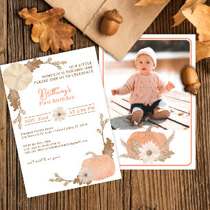 Our Little Pumpkin Watercolor Photo Birthday Invitation