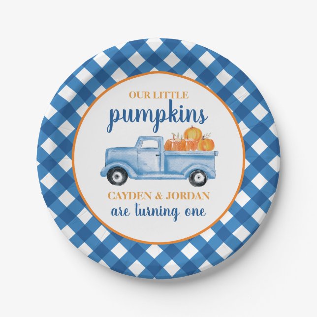 Our Little Pumpkins blue truck twin 1st birthday Paper Plate (Front)