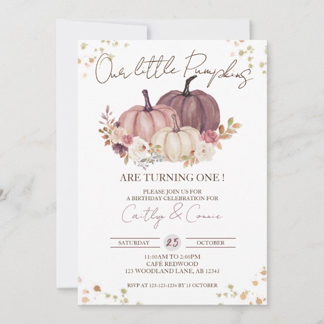 Our Little Pumpkins First Birthday, Twin Girls 1st Invitation (Front)