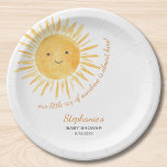 Our Little Ray Of Sunshine Baby Shower Paper Plate<br><div class="desc">Are you planning a sun-themed baby shower? This cute baby shower paper plate says "Our Little Ray Of Sunshine Is Almost Here" in stylish script typography with a smiling yellow watercolor sun. Easily customisable. There are matching paper napkins and cups in my store. Because we create our artwork you won't...</div>
