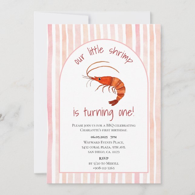 Our Little Shrimp is Turning One Watercolor Invitation (Front)