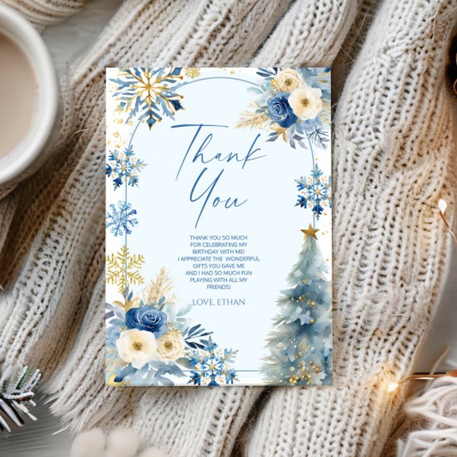 Our Little Snowflake Blue Winter Birthday Party Thank You Card (Creator Uploaded)