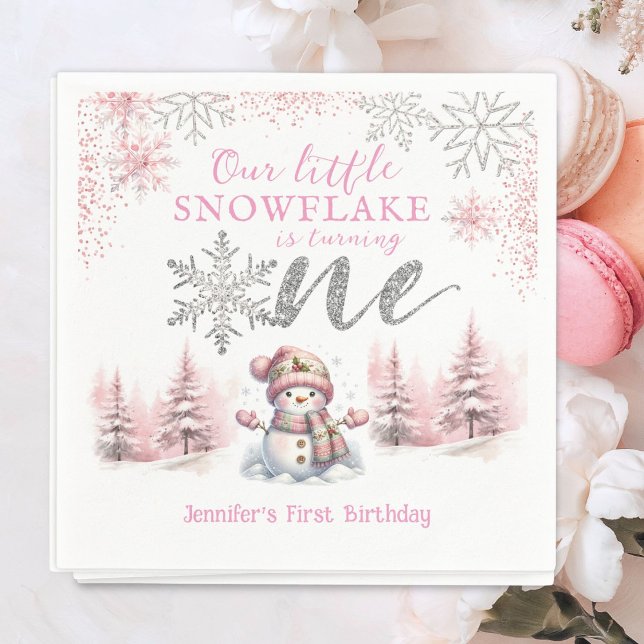 Our Little Snowflake Girl Pink Silver 1st Birthday Napkin (Creator Uploaded)