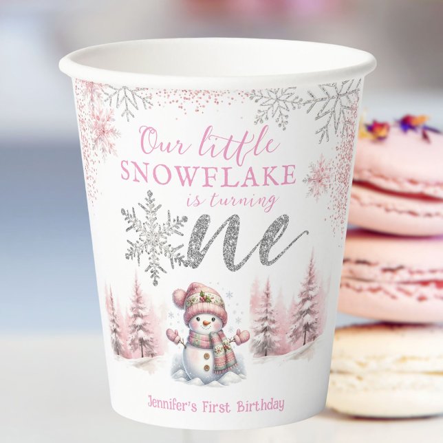 Our Little Snowflake Girl Pink Silver 1st Birthday Paper Cups (Creator Uploaded)