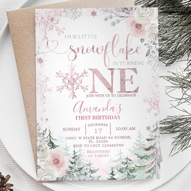 Our little Snowflake Pastel Pink Flowers Birthday Invitation (Creator Uploaded)