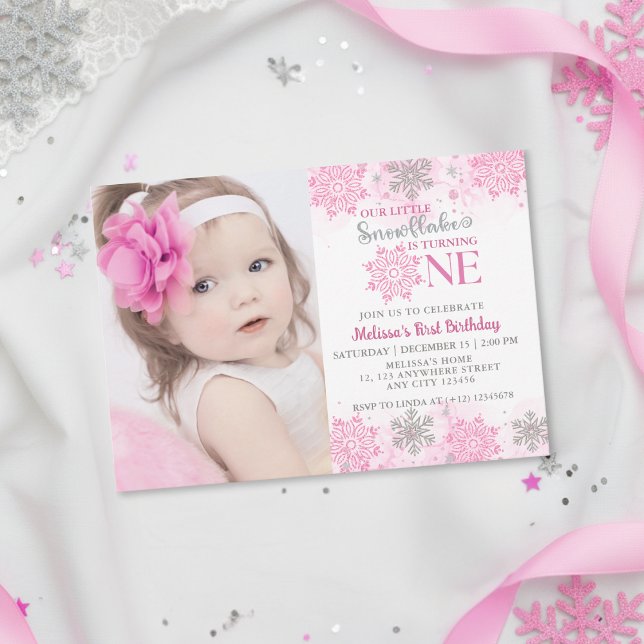 Our Little Snowflake Pink Birthday Girl Photo Invitation (Creator Uploaded)