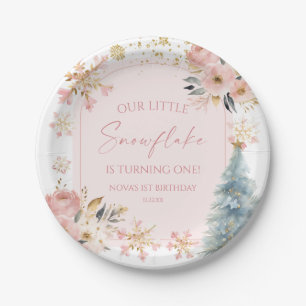 Our Little Snowflake Pink Winter Birthday Party Paper Plate