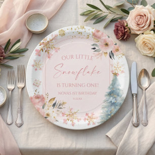 Our Little Snowflake Pink Winter Birthday Party Paper Plate