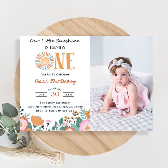 Our Little Sunshine 1st Birthday Boho Floral Photo Invitation (Creator Uploaded)