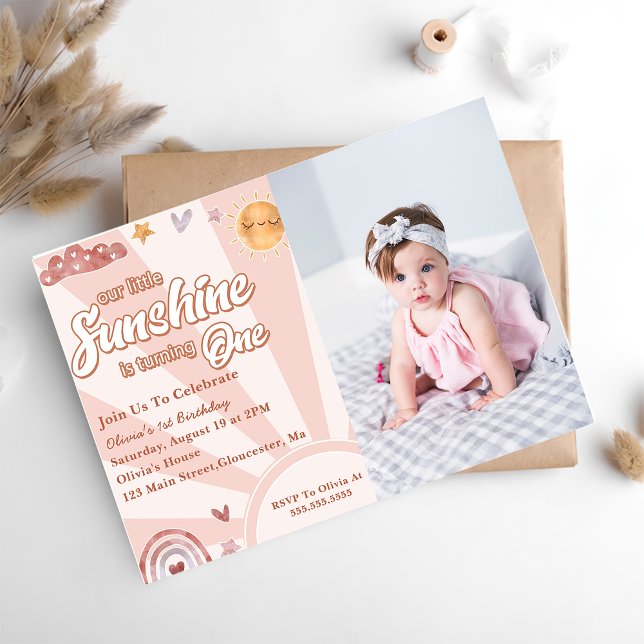 Our Little Sunshine 1st Birthday Rainbow Photo Invitation (Creator Uploaded)