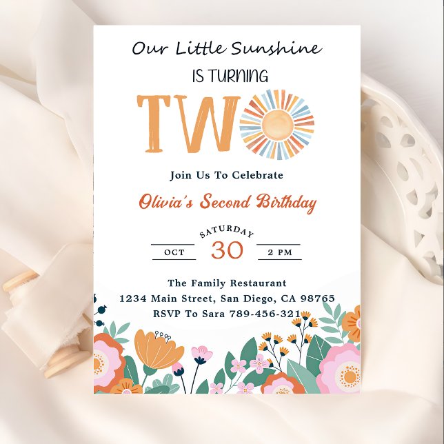  Our Little Sunshine 2nd Birthday Boho Floral Invitation (Creator Uploaded)