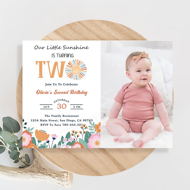 Our Little Sunshine 2nd Birthday Boho Floral Photo Invitation (Creator Uploaded)