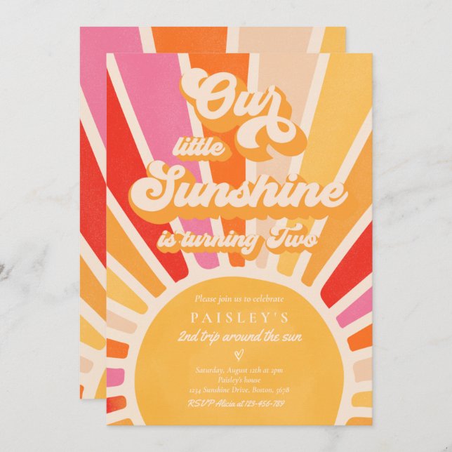 Our Little Sunshine 2nd Birthday Bright Rainbow Invitation (Front/Back)