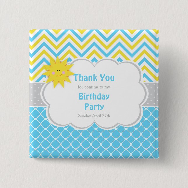 Our little Sunshine Blue and Yellow Birthday Party 15 Cm Square Badge (Front)