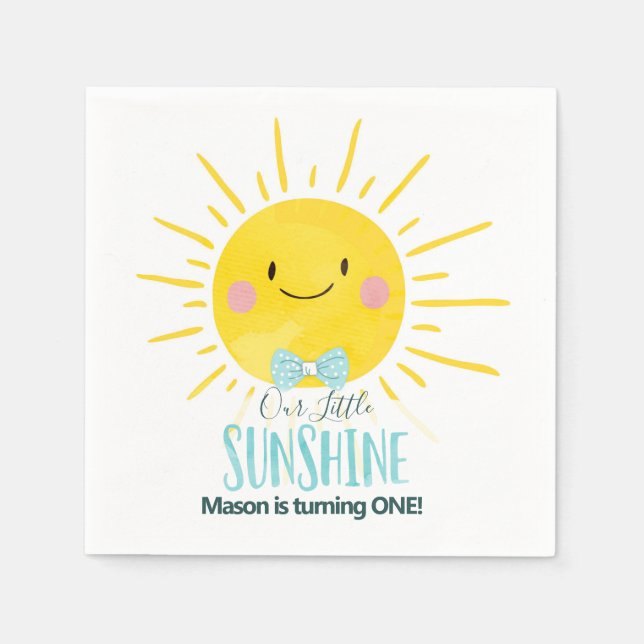 Our Little Sunshine Blue Boy Bow Tie Sun Birthday Napkin (Front)
