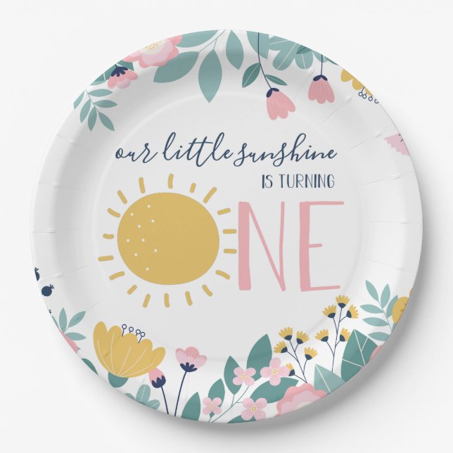 Our Little Sunshine boho Floral Birthday Paper Plate (Front)