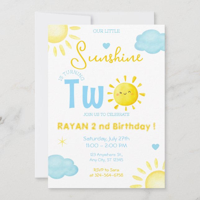 Our Little Sunshine Boy Blue 2nd Birthday Party Invitation (Front)