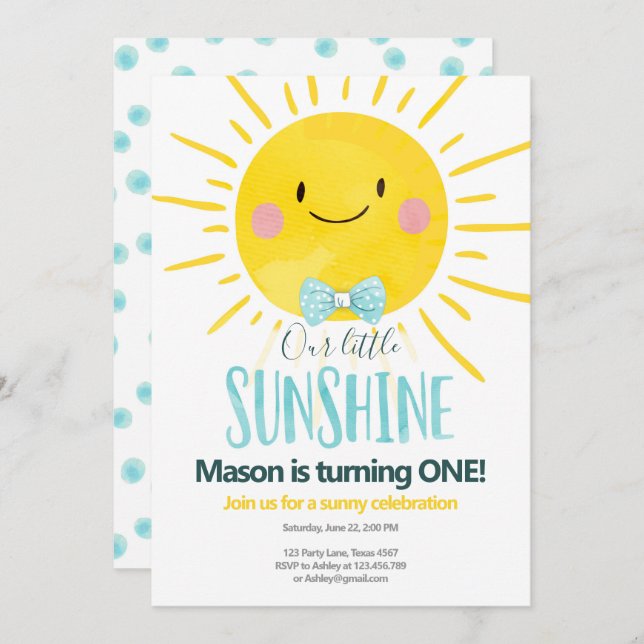 Our Little Sunshine Boy Blue Bow Tie Sun Birthday Invitation (Front/Back)