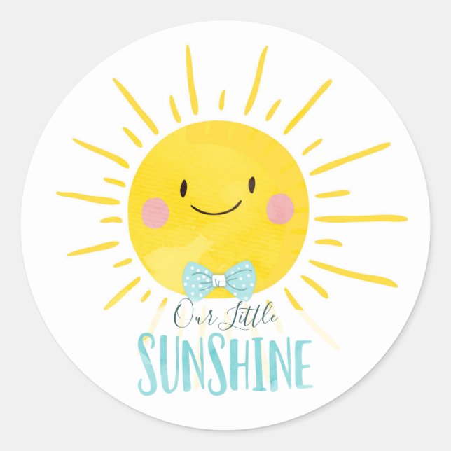 Our Little Sunshine Boy Blue Bow Tie Topper Favour Classic Round Sticker (Front)