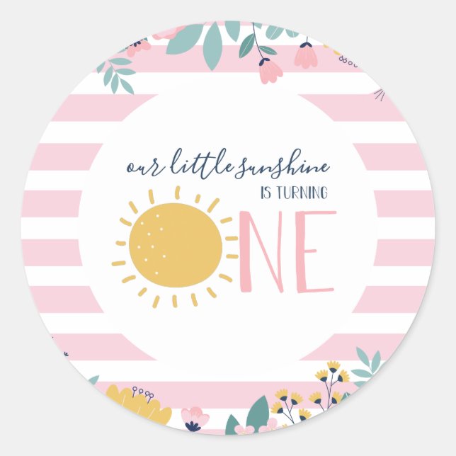 Our Little Sunshine Floral, Pink Stripe Birthday Classic Round Sticker (Front)