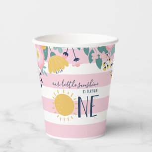 Our Little Sunshine Floral, Pink Stripe Birthday Paper Cups
