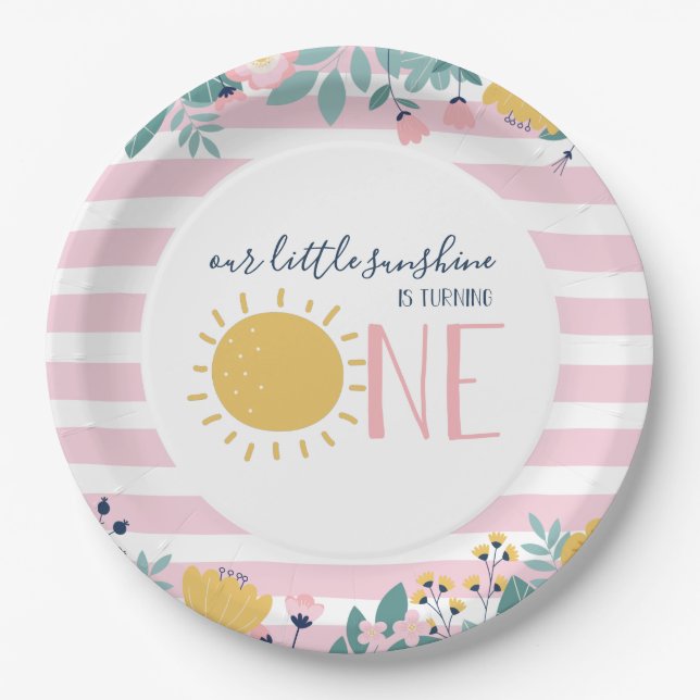 Our Little Sunshine Floral, Pink Stripe Birthday Paper Plate (Front)