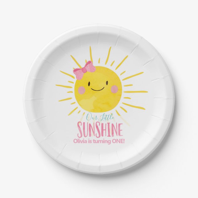 Our Little Sunshine Girl Pink Bow Sun Summer Party Paper Plate (Front)
