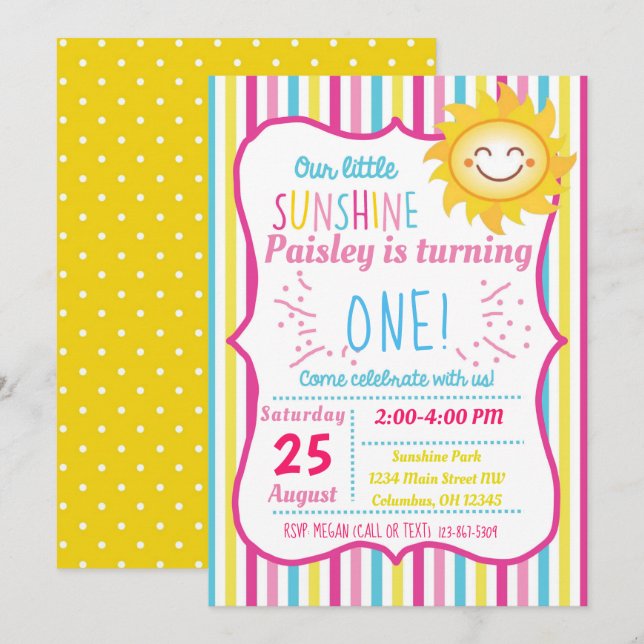 Our Little Sunshine Girls Birthday Party Invite (Front/Back)