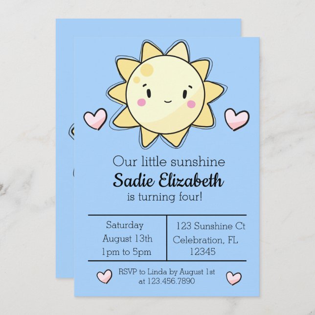 Our Little Sunshine Girls Blue Birthday Invitation (Front/Back)